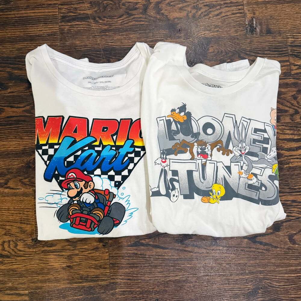 Lot of 2 Short Sleeve White Graphic Tees Retro Mario Kart Looney Tunes Mens 3XL